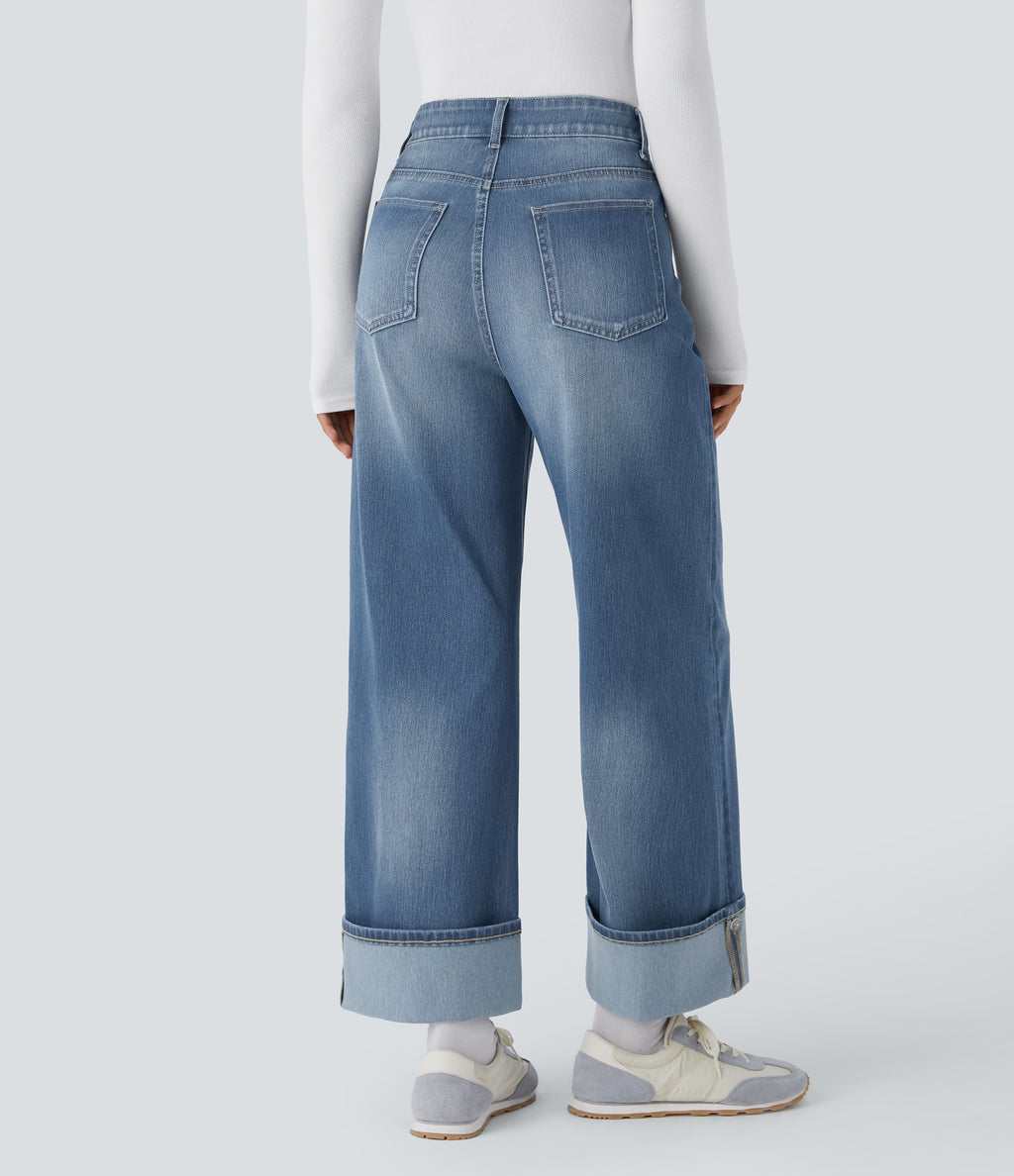 High Waisted Pockets Adjustable Hem Wide Leg Washed Casual Jeans — Blue Spruce Denim — view 2