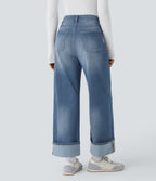 High Waisted Pockets Adjustable Hem Wide Leg Washed Casual Jeans — Blue Spruce Denim — view 2