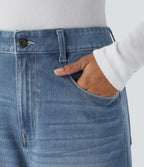 High Waisted Pockets Adjustable Hem Wide Leg Washed Casual Jeans — Blue Spruce Denim — view 6