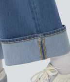 High Waisted Pockets Adjustable Hem Wide Leg Washed Casual Jeans — Blue Spruce Denim — view 7