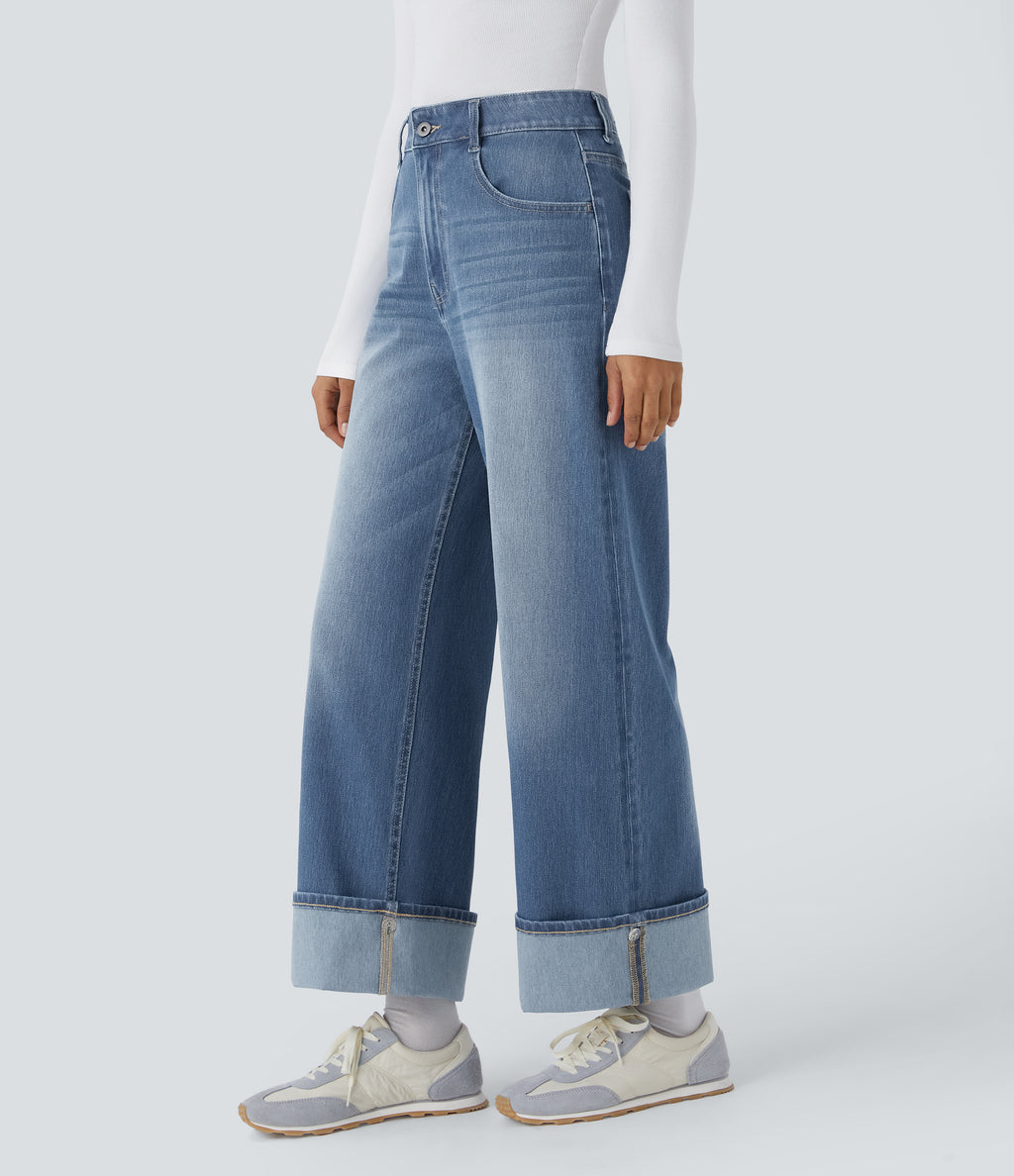 High Waisted Pockets Adjustable Hem Wide Leg Washed Casual Jeans — Blue Spruce Denim — view 3