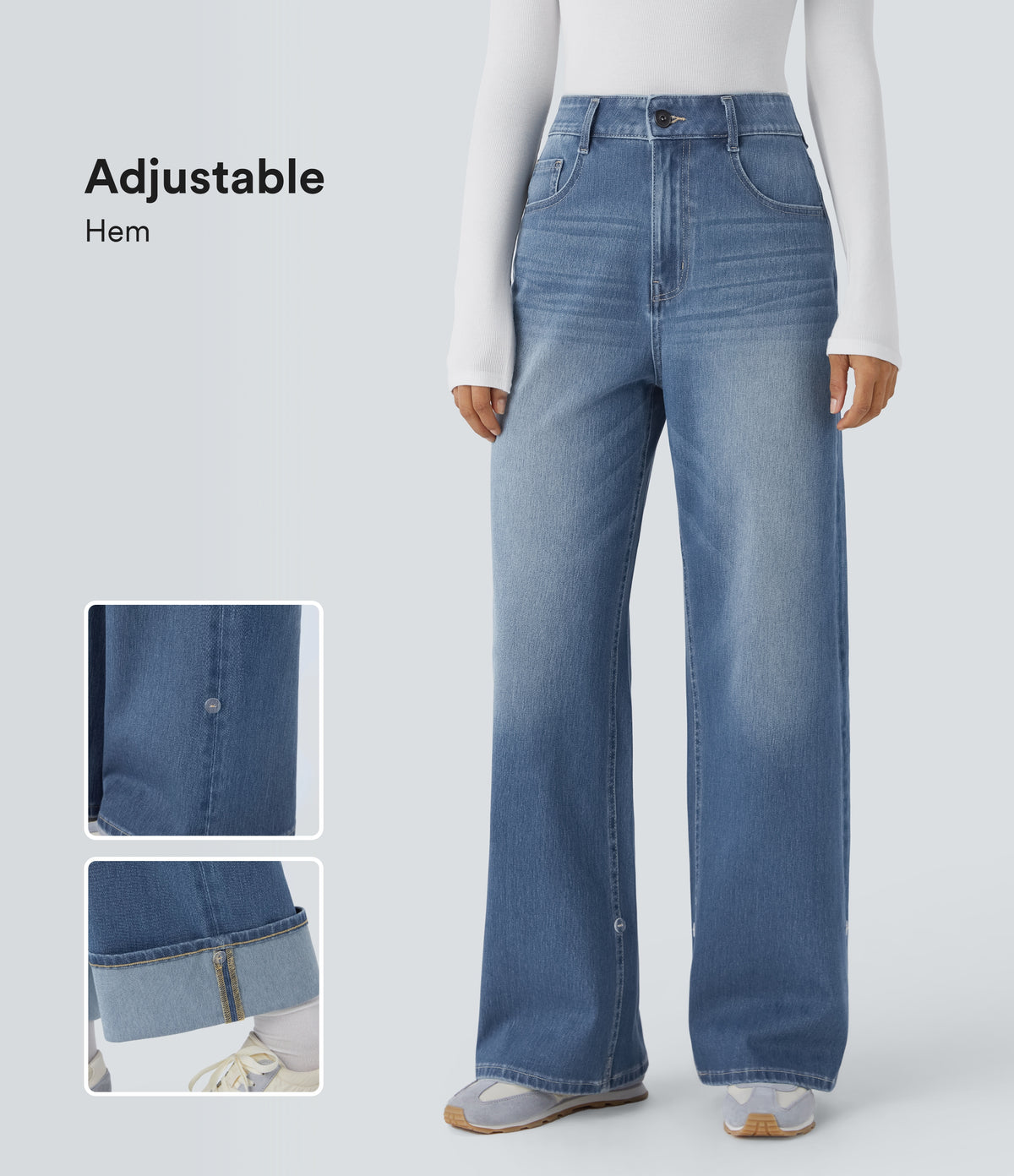 High Waisted Pockets Adjustable Hem Wide Leg Washed Casual Jeans — Blue Spruce Denim — view 1