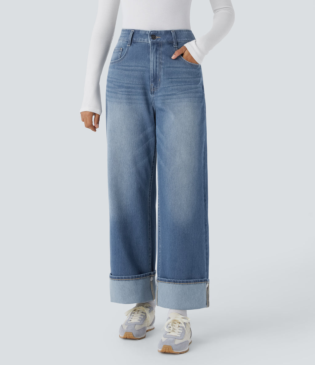 High Waisted Pockets Adjustable Hem Wide Leg Washed Casual Jeans — Blue Spruce Denim — view 4