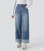 High Waisted Pockets Adjustable Hem Wide Leg Washed Casual Jeans — Blue Spruce Denim — view 4
