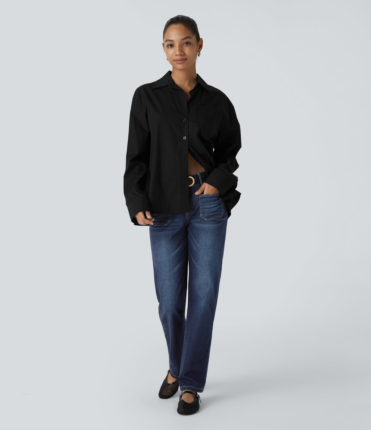 Low Rise Zipper Pockets Straight Leg Washed Casual Jeans — Paint Blue Denim — view 6