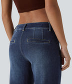 Low Rise Zipper Pockets Straight Leg Washed Casual Jeans — Paint Blue Denim — view 5