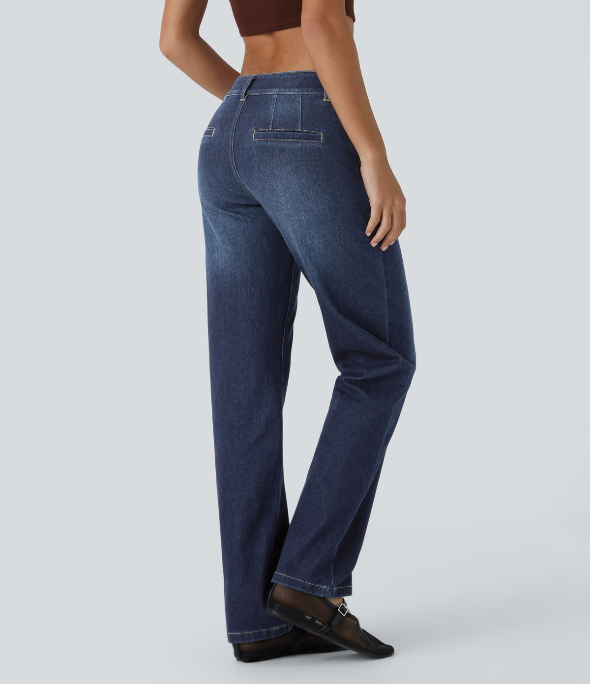 Low Rise Zipper Pockets Straight Leg Washed Casual Jeans — Paint Blue Denim — view 2