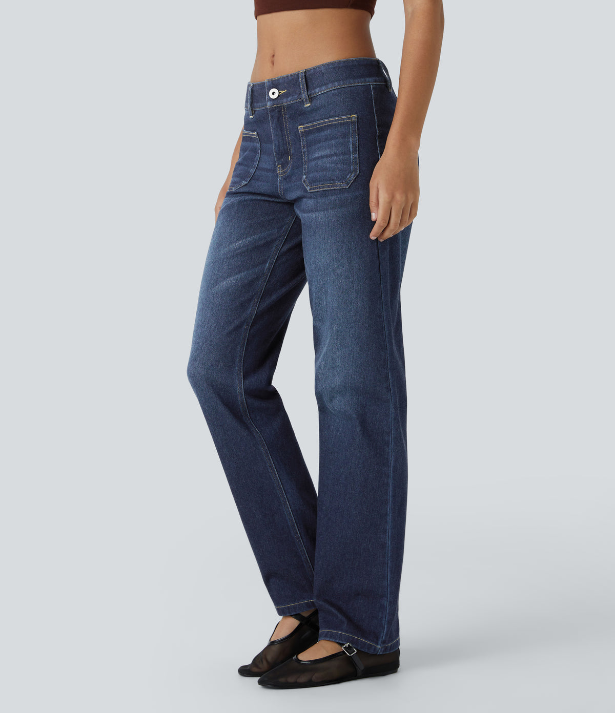 Low Rise Zipper Pockets Straight Leg Washed Casual Jeans — Paint Blue Denim — view 3