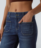 Low Rise Zipper Pockets Straight Leg Washed Casual Jeans — Paint Blue Denim — view 4
