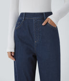 High Waisted Multiple Pockets Washed Stretchy Knit Casual Baggy Jeans — Glass Blue Denim — view 4