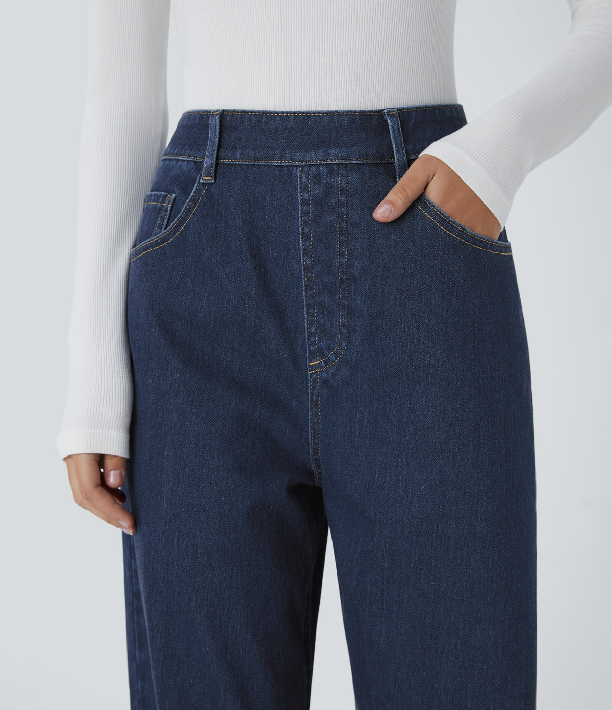 High Waisted Multiple Pockets Washed Stretchy Knit Casual Baggy Jeans — Glass Blue Denim — view 4