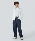 High Waisted Multiple Pockets Washed Stretchy Knit Casual Baggy Jeans — Glass Blue Denim — view 6