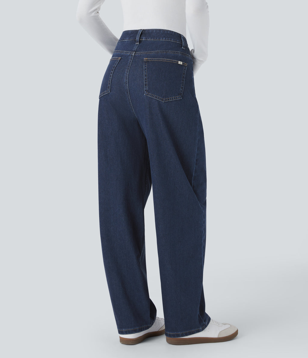 High Waisted Multiple Pockets Washed Stretchy Knit Casual Baggy Jeans — Glass Blue Denim — view 2