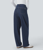 High Waisted Multiple Pockets Washed Stretchy Knit Casual Baggy Jeans — Glass Blue Denim — view 2