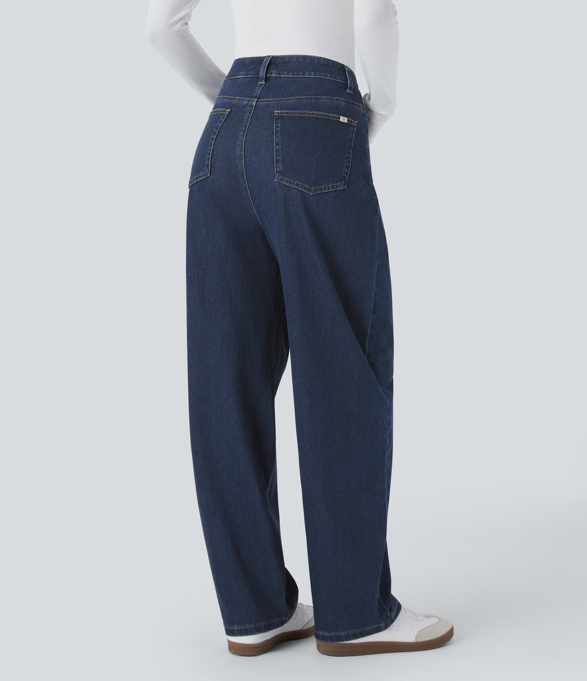 High Waisted Multiple Pockets Washed Stretchy Knit Casual Baggy Jeans — Glass Blue Denim — view 2