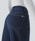 High Waisted Multiple Pockets Washed Stretchy Knit Casual Baggy Jeans — Glass Blue Denim — view 5
