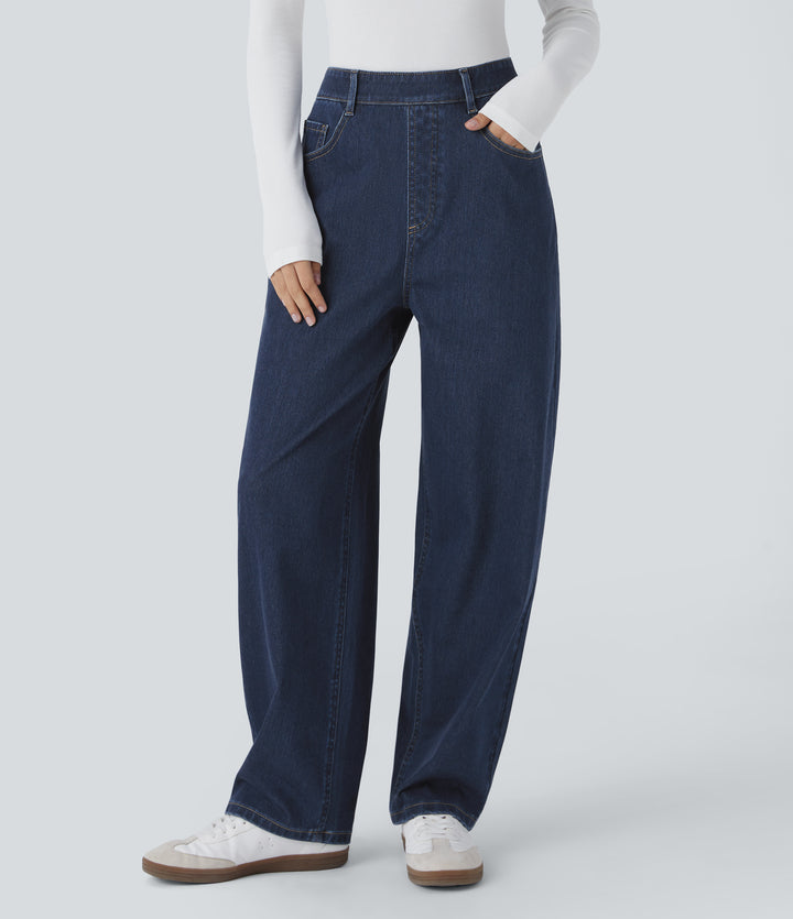 High Waisted Multiple Pockets Washed Stretchy Knit Casual Baggy Jeans — Glass Blue Denim — view 1
