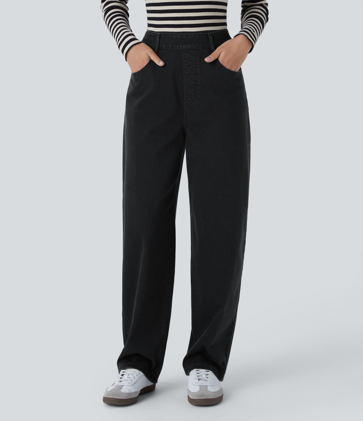 High Waisted Multiple Pockets Washed Stretchy Knit Casual Baggy Jeans — Sandalwood Black Denim — view 7