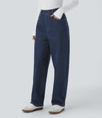 High Waisted Multiple Pockets Washed Stretchy Knit Casual Baggy Jeans — Glass Blue Denim — view 3