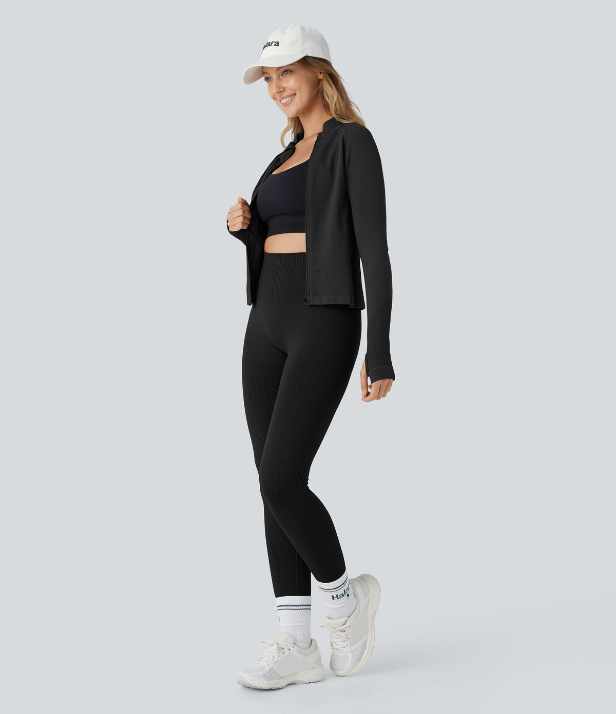 Soft OneForm Seamless Flow Ribbed High Waisted Tummy Control Butt Lifting Training Leggings — Black — view 7