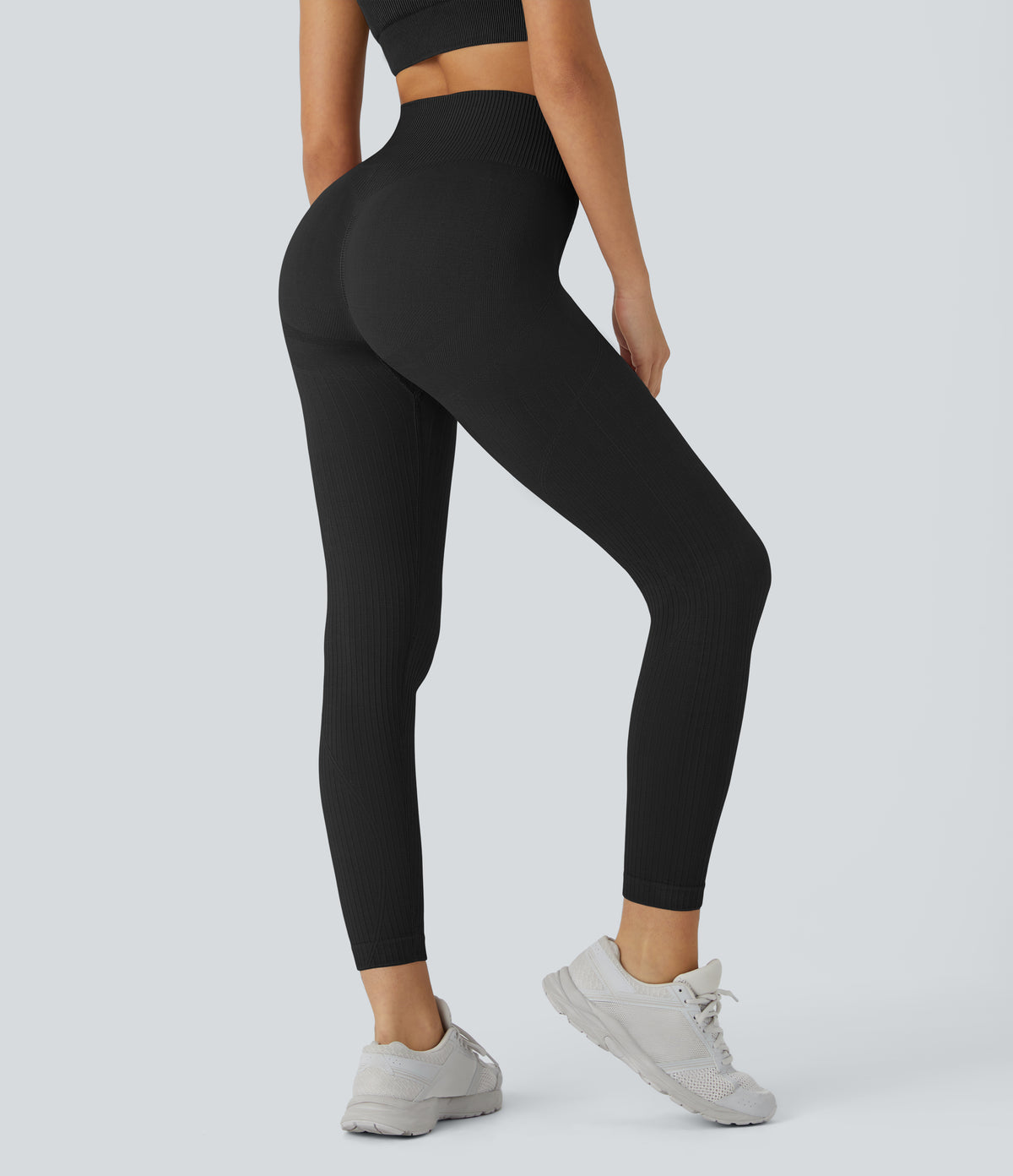 Soft OneForm Seamless Flow Ribbed High Waisted Tummy Control Butt Lifting Training Leggings — Black — view 2