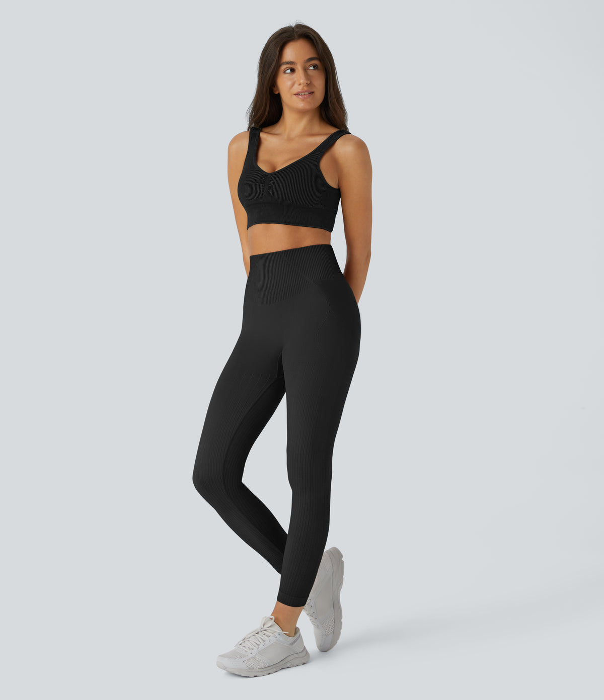Soft OneForm Seamless Flow Ribbed High Waisted Tummy Control Butt Lifting Training Leggings — Black — view 6