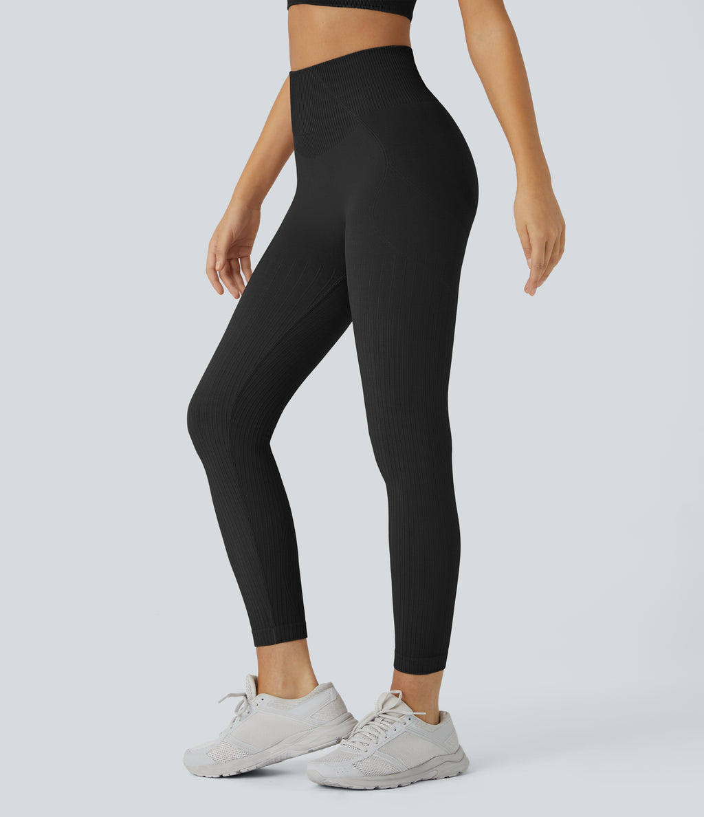 Soft OneForm Seamless Flow Ribbed High Waisted Tummy Control Butt Lifting Training Leggings — Black — view 1