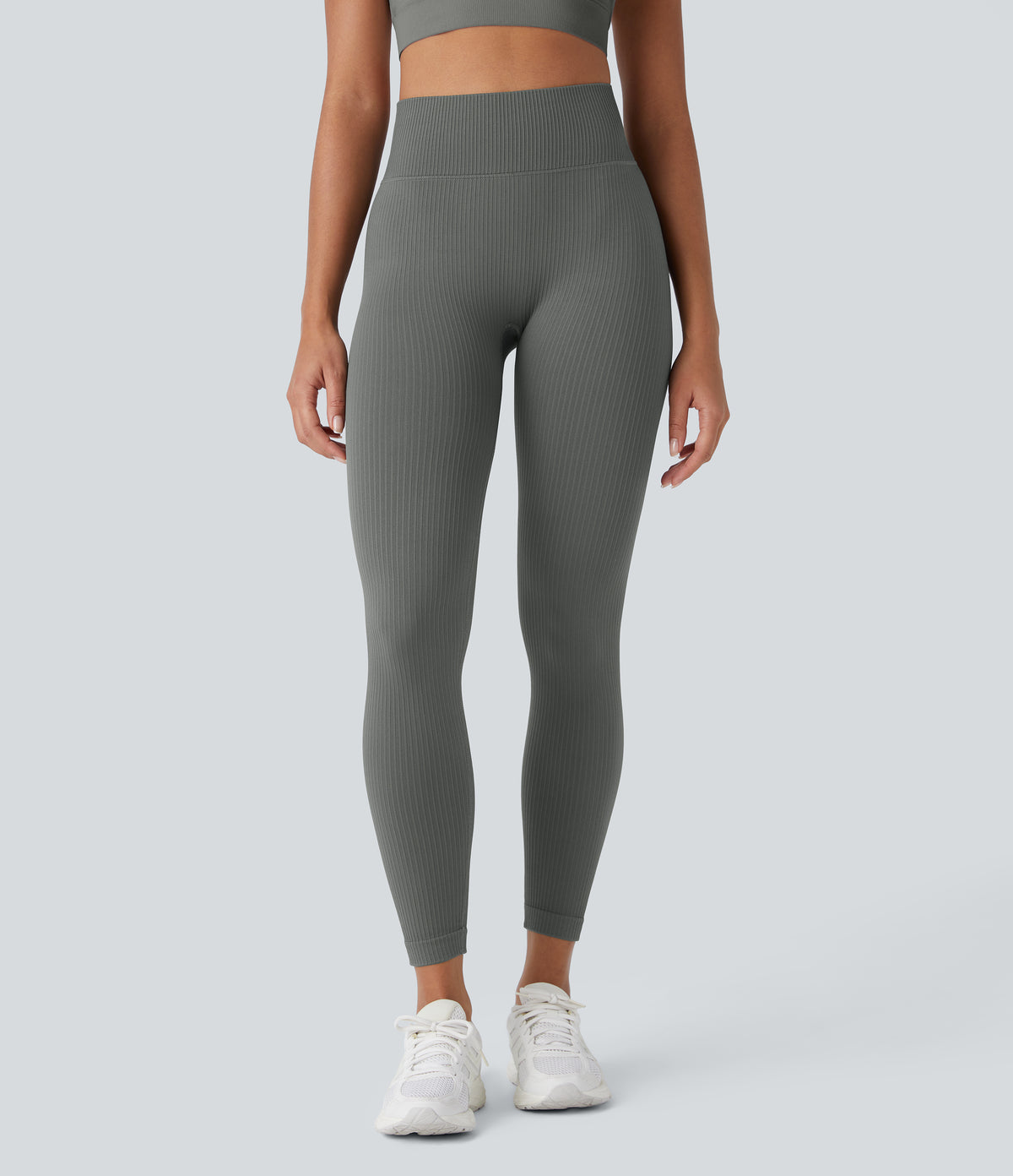 Soft OneForm Seamless Flow Ribbed High Waisted Tummy Control Yoga 7/8 Leggings — Hidden Blue Gray — view 3