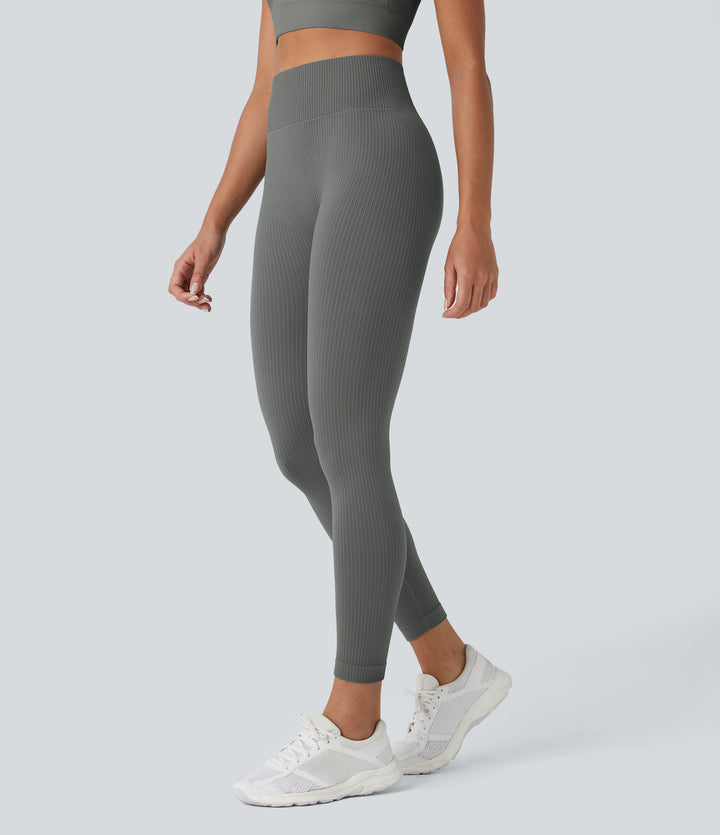 Soft OneForm Seamless Flow Ribbed High Waisted Tummy Control Yoga 7/8 Leggings — Hidden Blue Gray — view 1