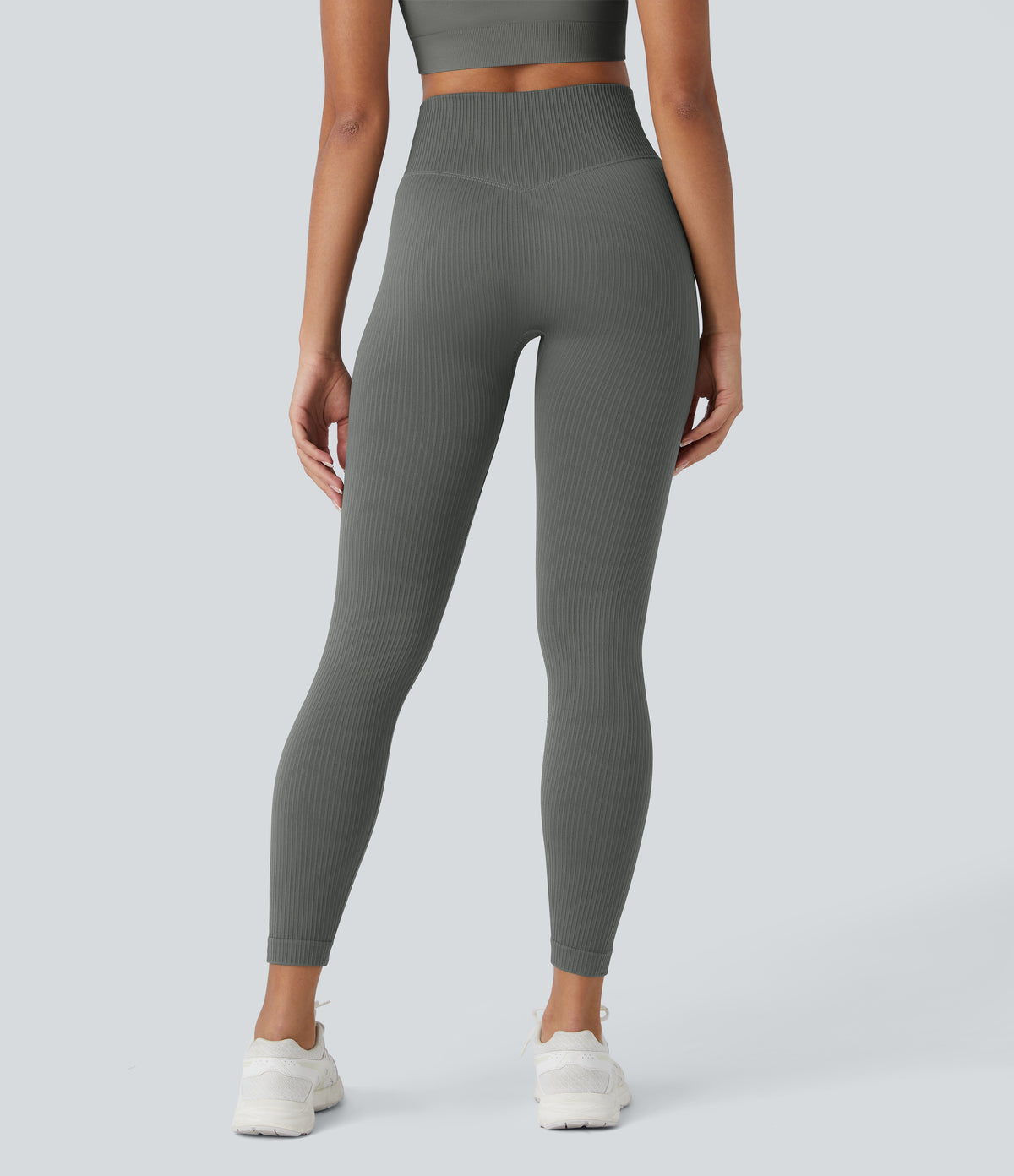 Soft OneForm Seamless Flow Ribbed High Waisted Tummy Control Yoga 7/8 Leggings — Hidden Blue Gray — view 2