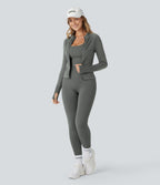 Soft OneForm Seamless Flow Ribbed High Waisted Tummy Control Yoga 7/8 Leggings — Hidden Blue Gray — view 7