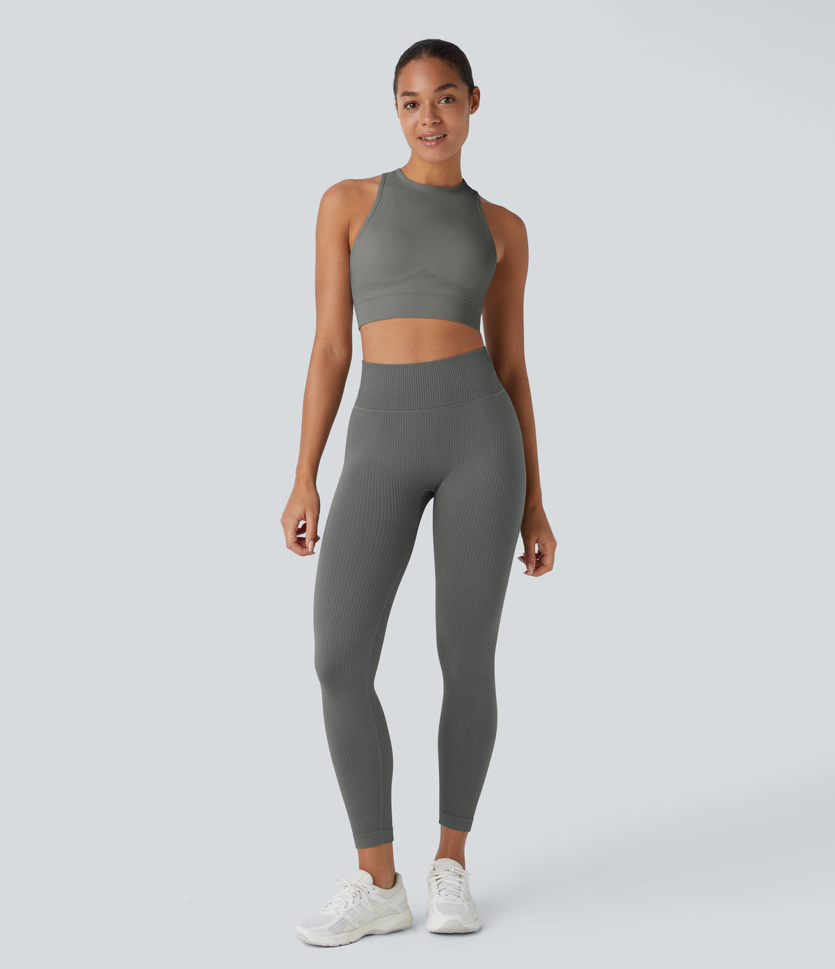 Soft OneForm Seamless Flow Ribbed High Waisted Tummy Control Yoga 7/8 Leggings — Hidden Blue Gray — view 6