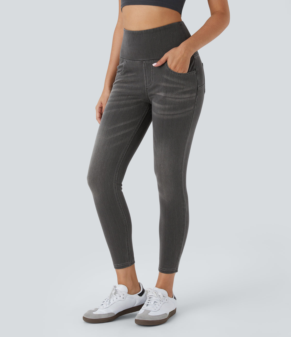 High Waisted Pockets Denim 7/8 Casual Leggings — Carbon Paint Denim — view 3