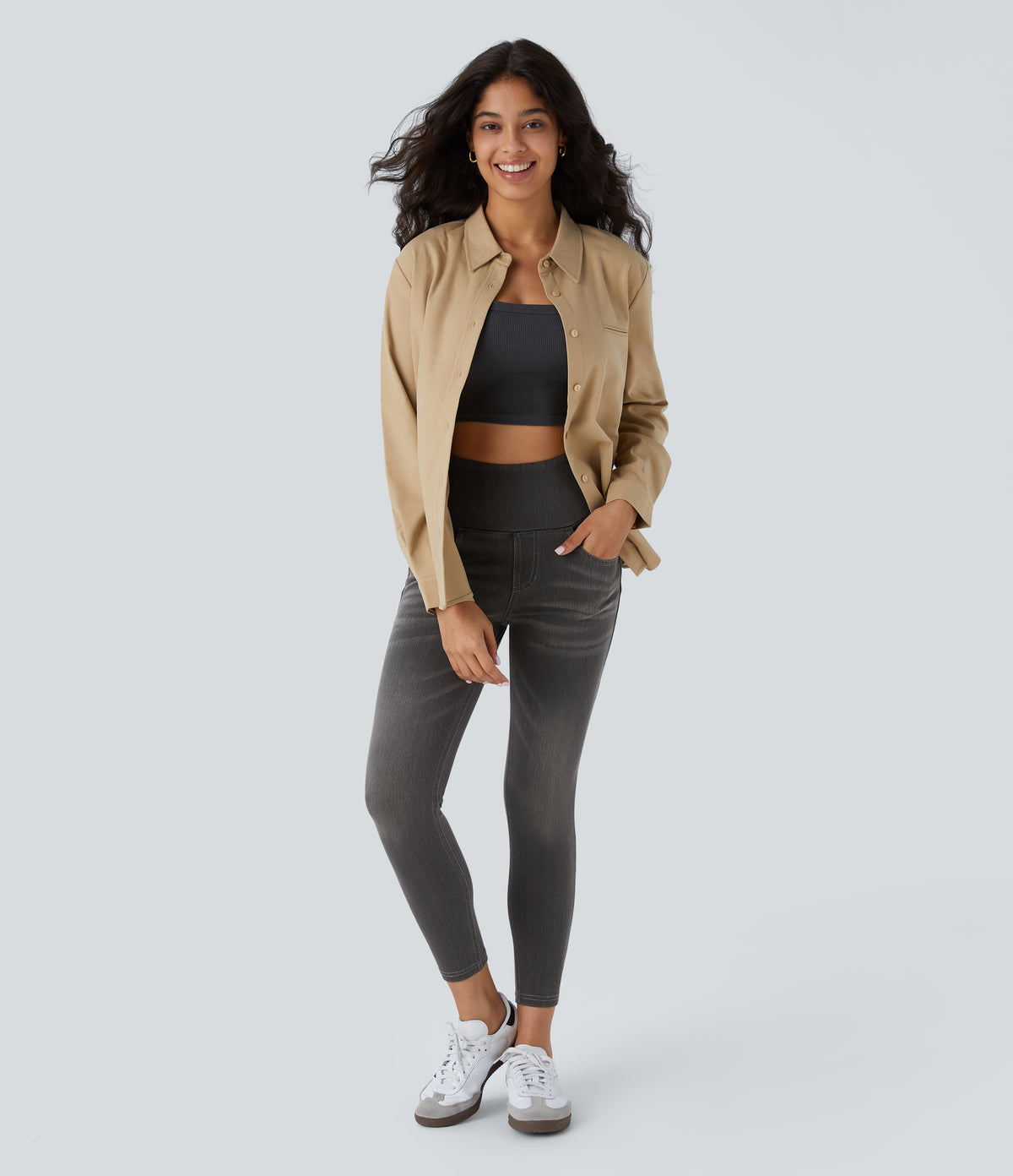 High Waisted Pockets Denim 7/8 Casual Leggings — Carbon Paint Denim — view 6