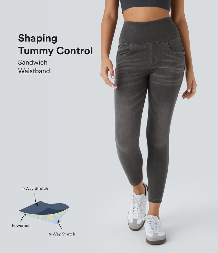 High Waisted Pockets Denim 7/8 Casual Leggings — Carbon Paint Denim — view 1