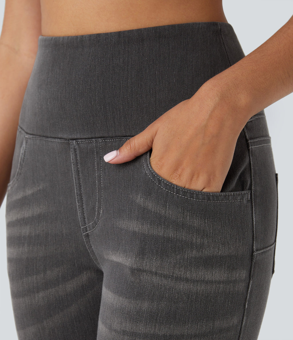 High Waisted Pockets Denim 7/8 Casual Leggings — Carbon Paint Denim — view 5