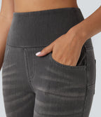 High Waisted Pockets Denim 7/8 Casual Leggings — Carbon Paint Denim — view 5