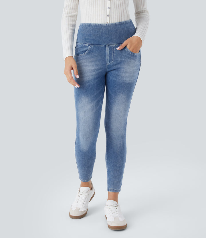 High Waisted Pockets Denim 7/8 Casual Leggings — Royal Blue Denim — view 7