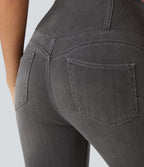 High Waisted Pockets Denim 7/8 Casual Leggings — Carbon Paint Denim — view 4