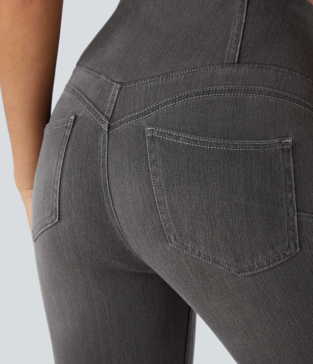 High Waisted Pockets Denim 7/8 Casual Leggings — Carbon Paint Denim — view 4