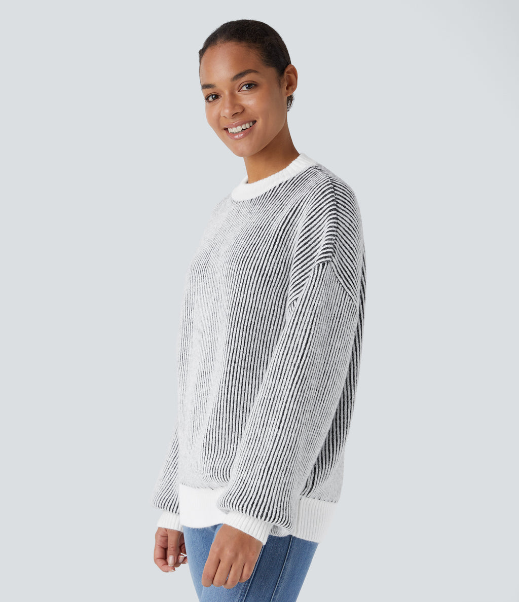 Round Neck Long Sleeve Color Block Stripe Casual Jumper — Black — view 3