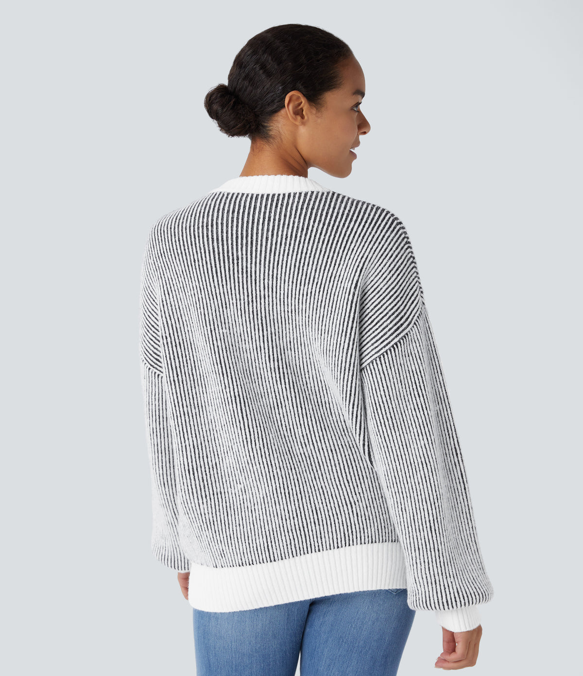 Round Neck Long Sleeve Color Block Stripe Casual Jumper — Black — view 2