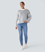 Round Neck Long Sleeve Color Block Stripe Casual Jumper — Black — view 6