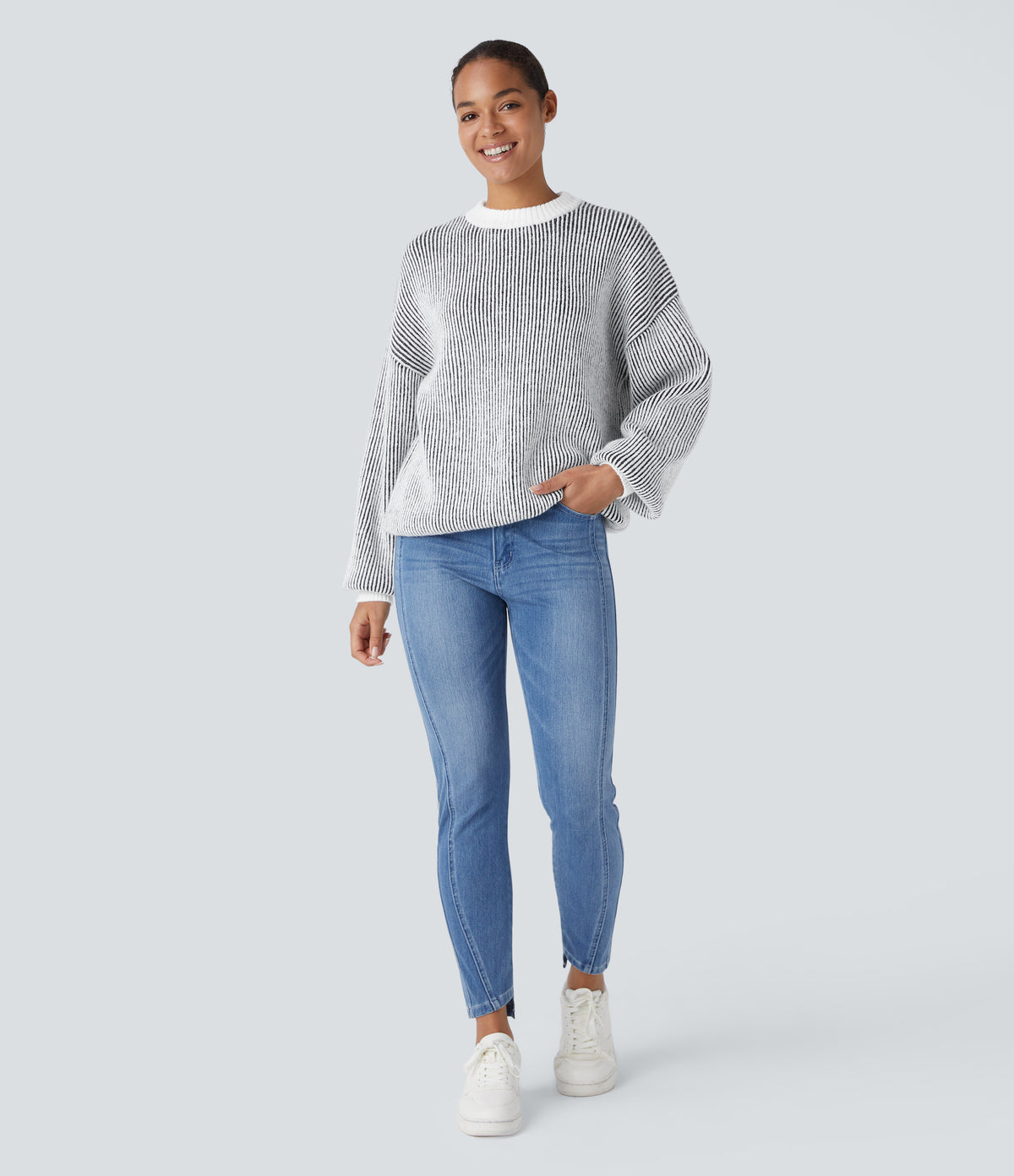 Round Neck Long Sleeve Color Block Stripe Casual Jumper — Black — view 6