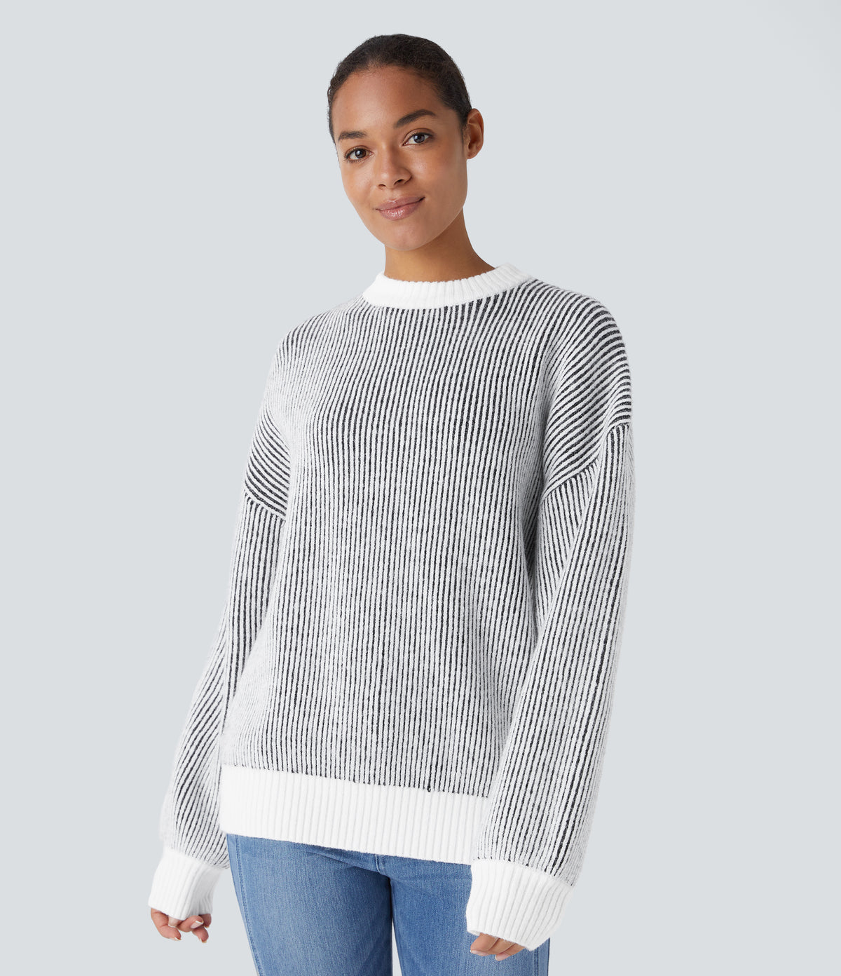 Round Neck Long Sleeve Color Block Stripe Casual Jumper — Black — view 1