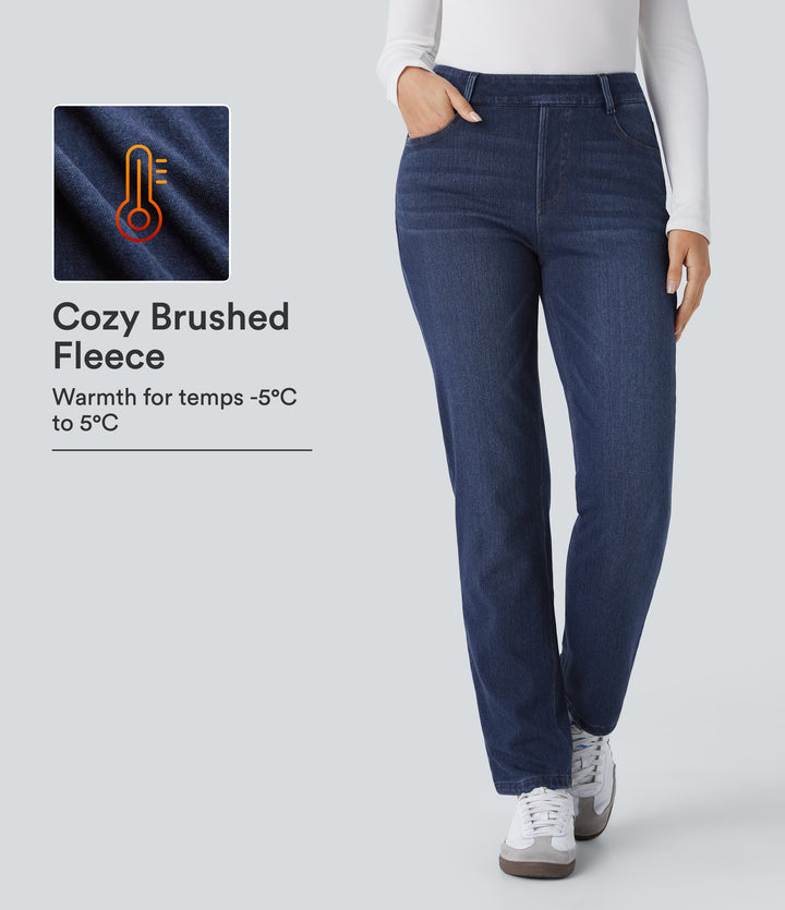 Denim Heat High Waisted Pockets Straight Leg Washed Casual Jeans — Cloud Stack Blue Denim — view 1