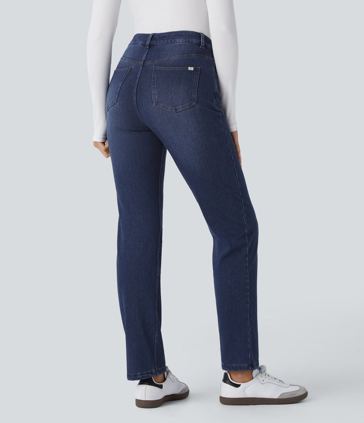 Denim Heat High Waisted Pockets Straight Leg Washed Casual Jeans — Cloud Stack Blue Denim — view 2
