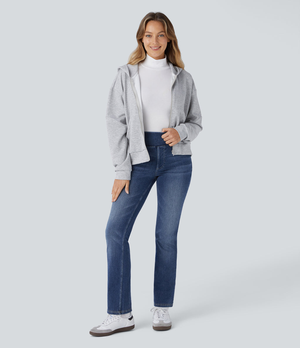 Denim Heat High Waisted Pockets Washed Casual Bootcut Jeans — Cloud Stack Blue Denim — view 6