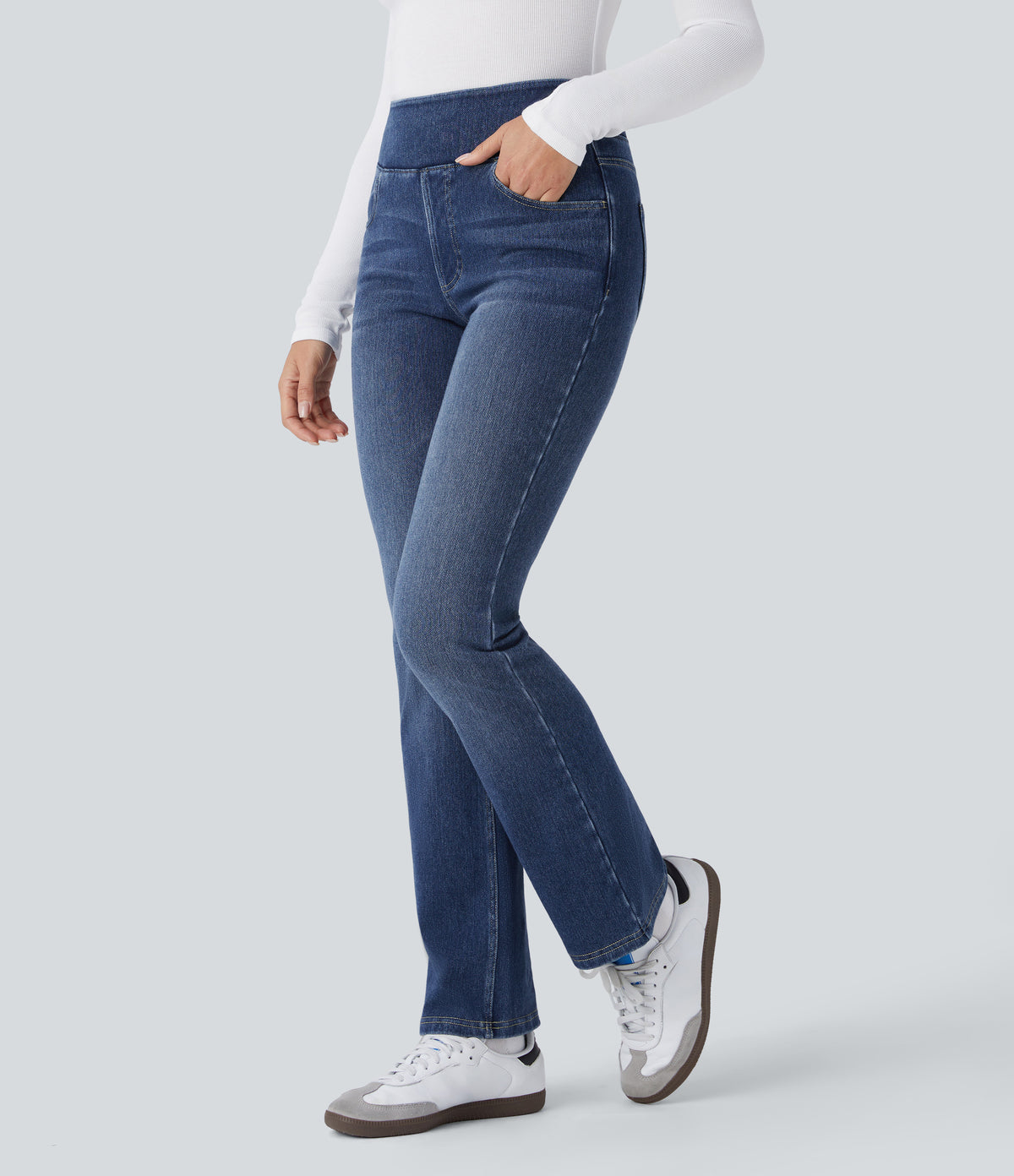 Denim Heat High Waisted Pockets Washed Casual Bootcut Jeans — Cloud Stack Blue Denim — view 2