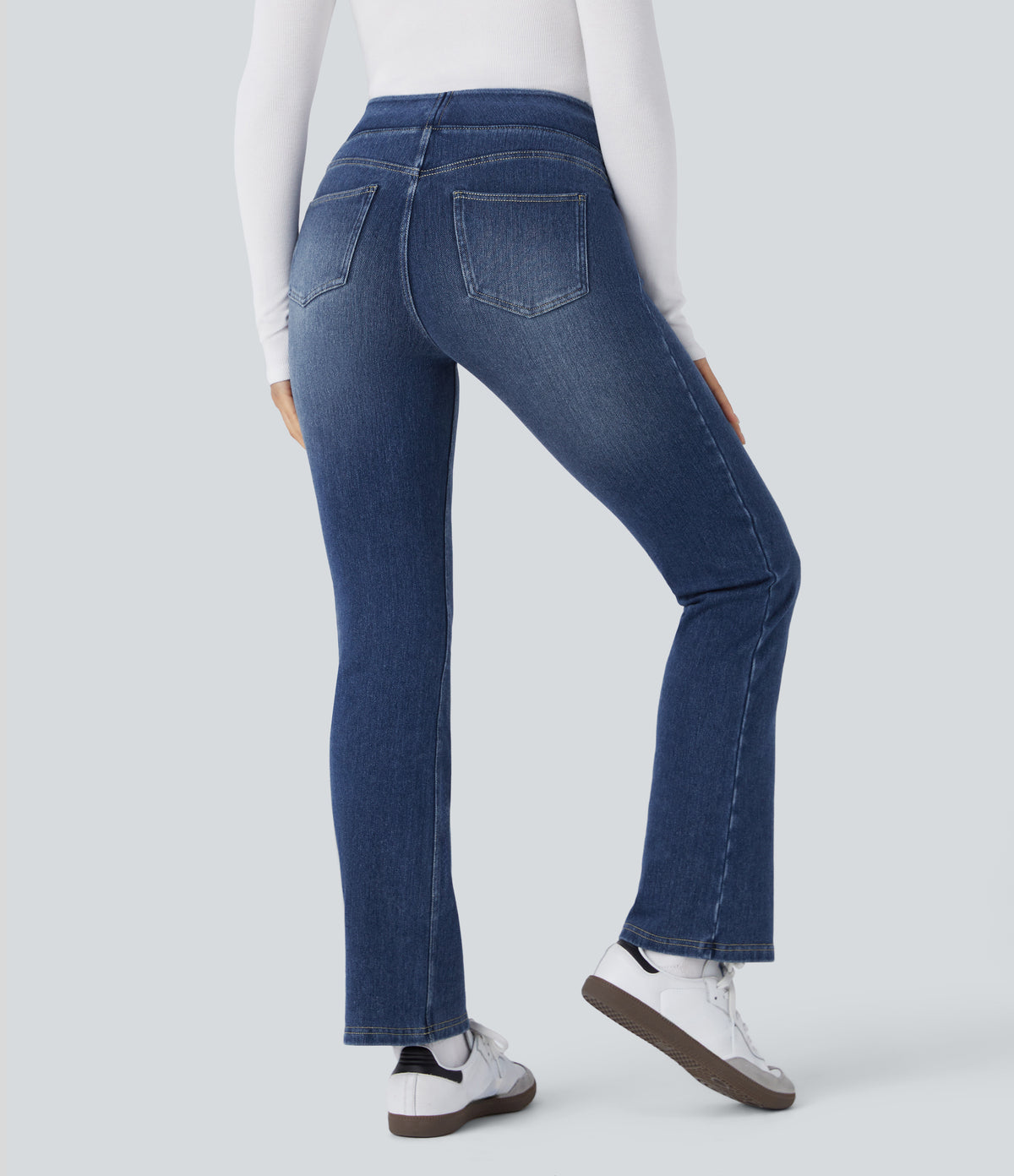 Denim Heat High Waisted Pockets Washed Casual Bootcut Jeans — Cloud Stack Blue Denim — view 3